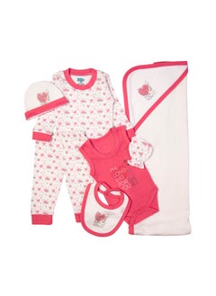 Babies Basic 7 Piece Unisex 100% Cotton Gift Set Include Bib, Blanket, Mitten, Cap, Romper, Top And Bottom Set, Pink  - Image 4