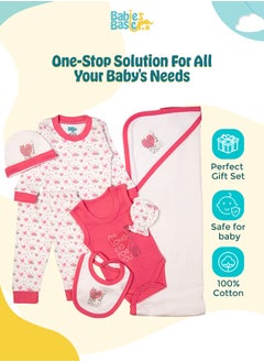 Babies Basic 7 Piece Unisex 100% Cotton Gift Set Include Bib, Blanket, Mitten, Cap, Romper, Top And Bottom Set, Pink  - Image 2