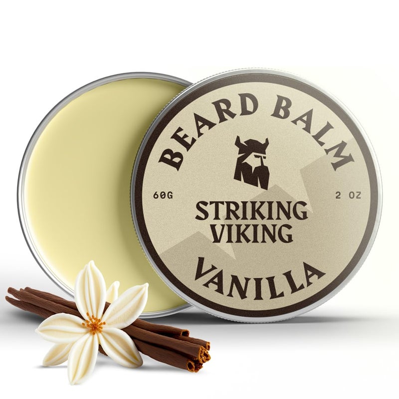 Striking Viking بلسم لحية فايكنغ المذهل للرجال - 2 أونصة، برائحة الفانيليا - مرطب خفيف الثبات ينعّم ويغذي الشعر الخشن للوجه بزبدة الشيا وزيت شجرة الشاي - Image 1