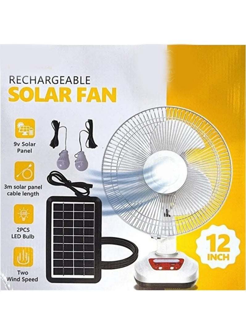 12-Inch Rechargeable Solar Fan - Includes 9V Solar Panel & 2 LED Bulbs with Two Wind Speeds - Durable Portable Design Ideal for Travel & Emergencies - Image 3