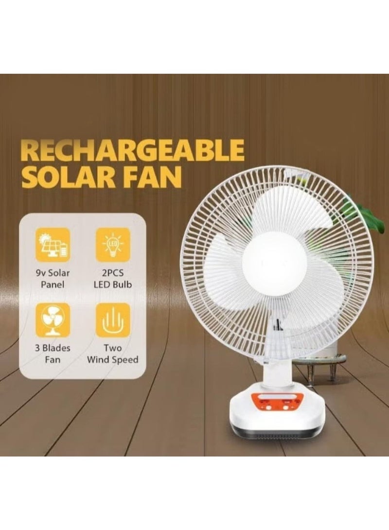 12-Inch Rechargeable Solar Fan - Includes 9V Solar Panel & 2 LED Bulbs with Two Wind Speeds - Durable Portable Design Ideal for Travel & Emergencies - Image 2