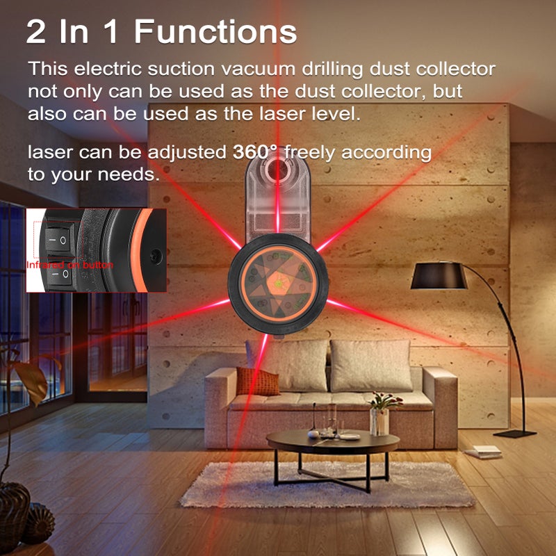 Portable Detachable Collector 2 In 1 Wall Electric Drilling Collector Level Electric Self-mounting Vacuum Sucker Drilling Collector 360° Lasing with 2 Horizontal Bubbles - Image 5