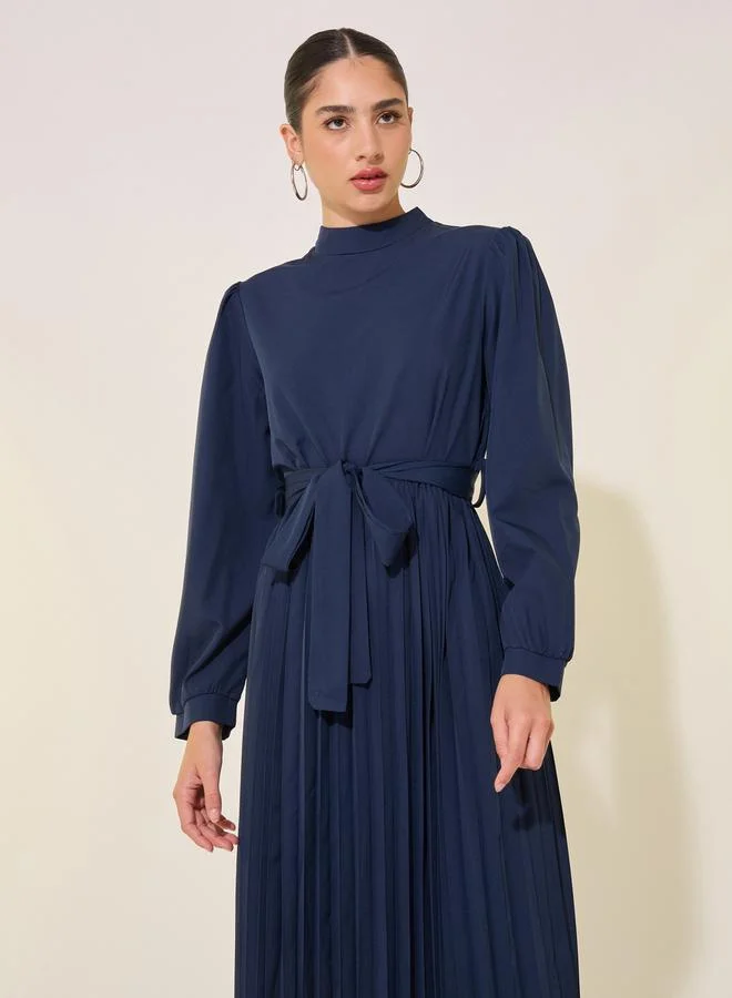 تايك تو Solid High Neck Long Sleeve Pleated Waist Tie-Up Maxi Dress