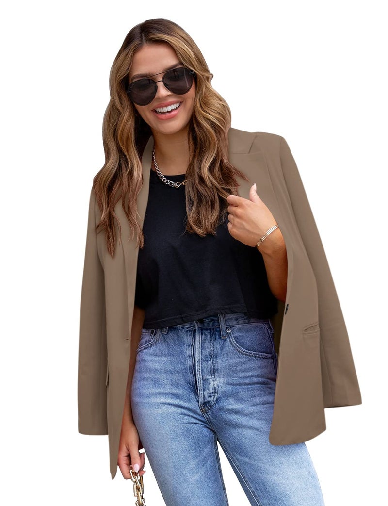 CRAZY GRID Womens Casual Blazer Jacket Long Sleeve Business Suit Jacket Fashion Dressy Work Office Jacket Open Front Button Ladies Blazer Summer Tan S - Image 2