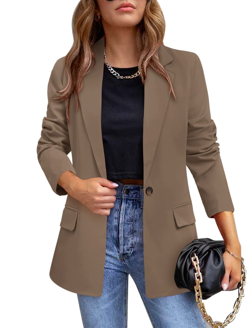 CRAZY GRID Womens Casual Blazer Jacket Long Sleeve Business Suit Jacket Fashion Dressy Work Office Jacket Open Front Button Ladies Blazer Summer Tan S - Image 1