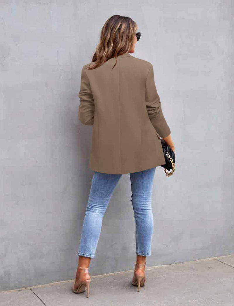 CRAZY GRID Womens Casual Blazer Jacket Long Sleeve Business Suit Jacket Fashion Dressy Work Office Jacket Open Front Button Ladies Blazer Summer Tan S - Image 3