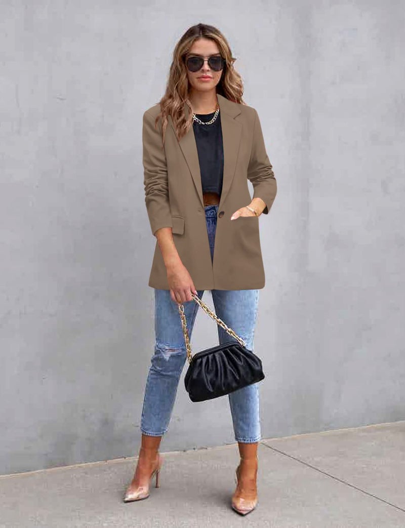 CRAZY GRID Womens Casual Blazer Jacket Long Sleeve Business Suit Jacket Fashion Dressy Work Office Jacket Open Front Button Ladies Blazer Summer Tan S - Image 4