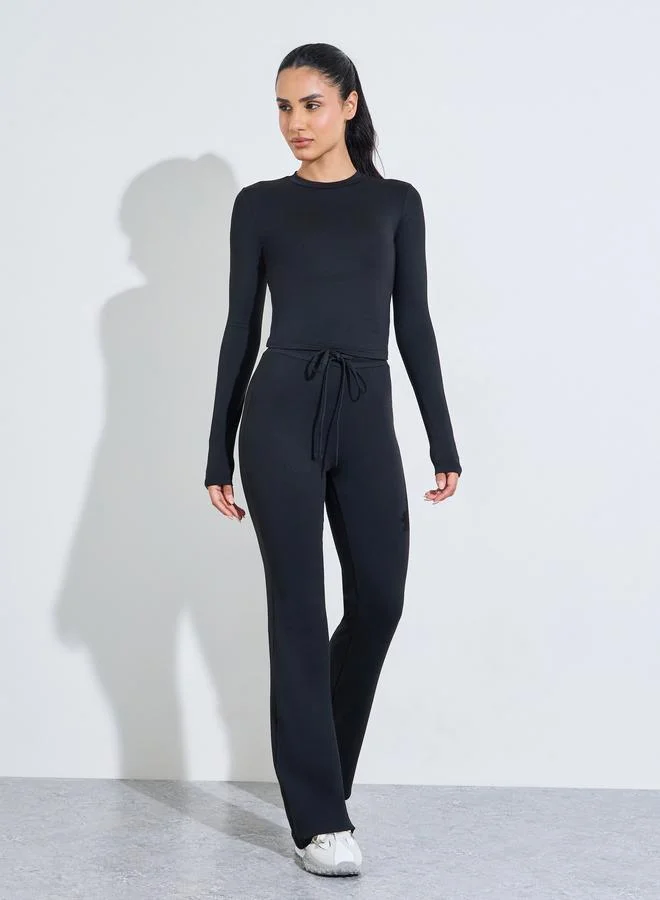 Black Solid Long Sleeves Crop Top And Flared Leggings Active Set