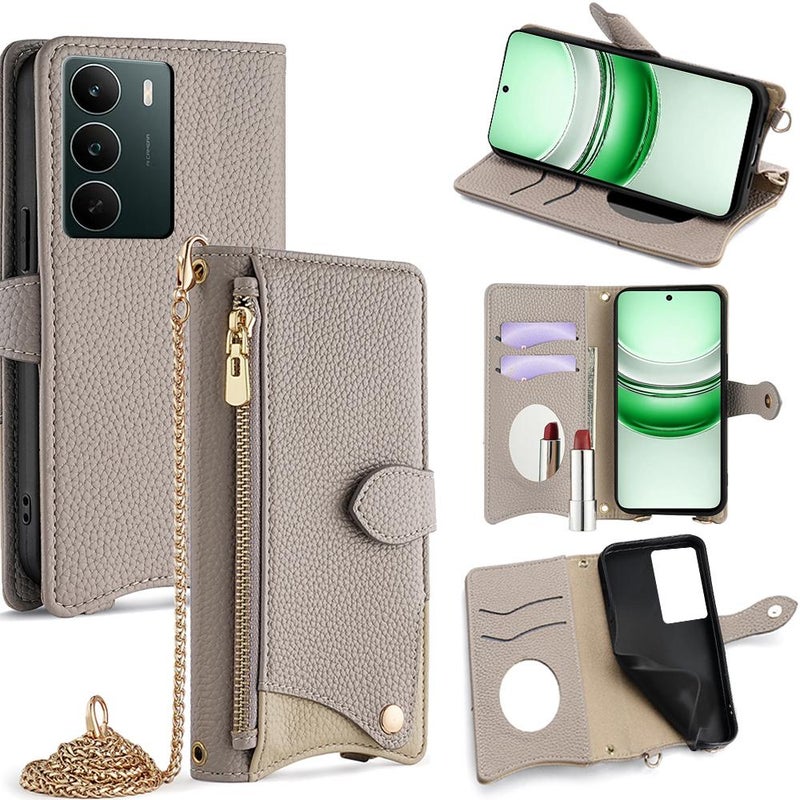 erorex For Realme C71 4G Crossbody Chain Fishtail Litchi Leather Phone Case(Grey) - Image 1