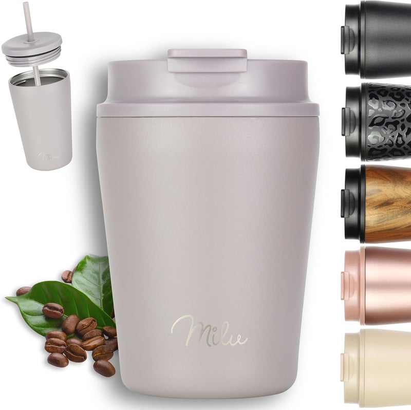 Milu Thermal Mug 300 ml - 100% Leak-Proof - Stainless Steel Coffee Mug to Go Insulated with Straw Keeps 10 Hours Hot / 20 Hours Cold, BPA-Free (Taupe Grey, 300 ml) - Image 1