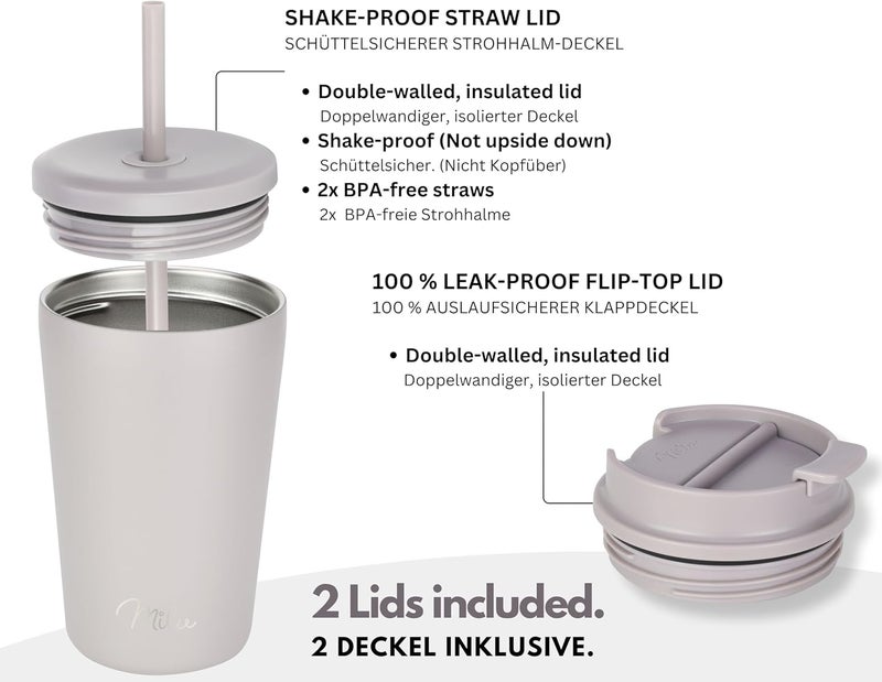 Milu Thermal Mug 300 ml - 100% Leak-Proof - Stainless Steel Coffee Mug to Go Insulated with Straw Keeps 10 Hours Hot / 20 Hours Cold, BPA-Free (Taupe Grey, 300 ml) - Image 2