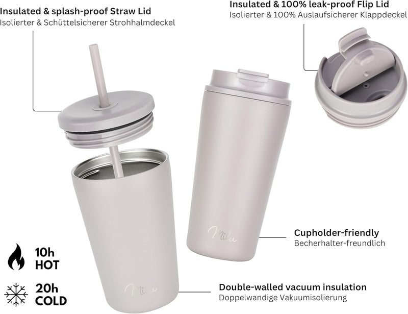 Milu Thermal Mug 300 ml - 100% Leak-Proof - Stainless Steel Coffee Mug to Go Insulated with Straw Keeps 10 Hours Hot / 20 Hours Cold, BPA-Free (Taupe Grey, 300 ml) - Image 4