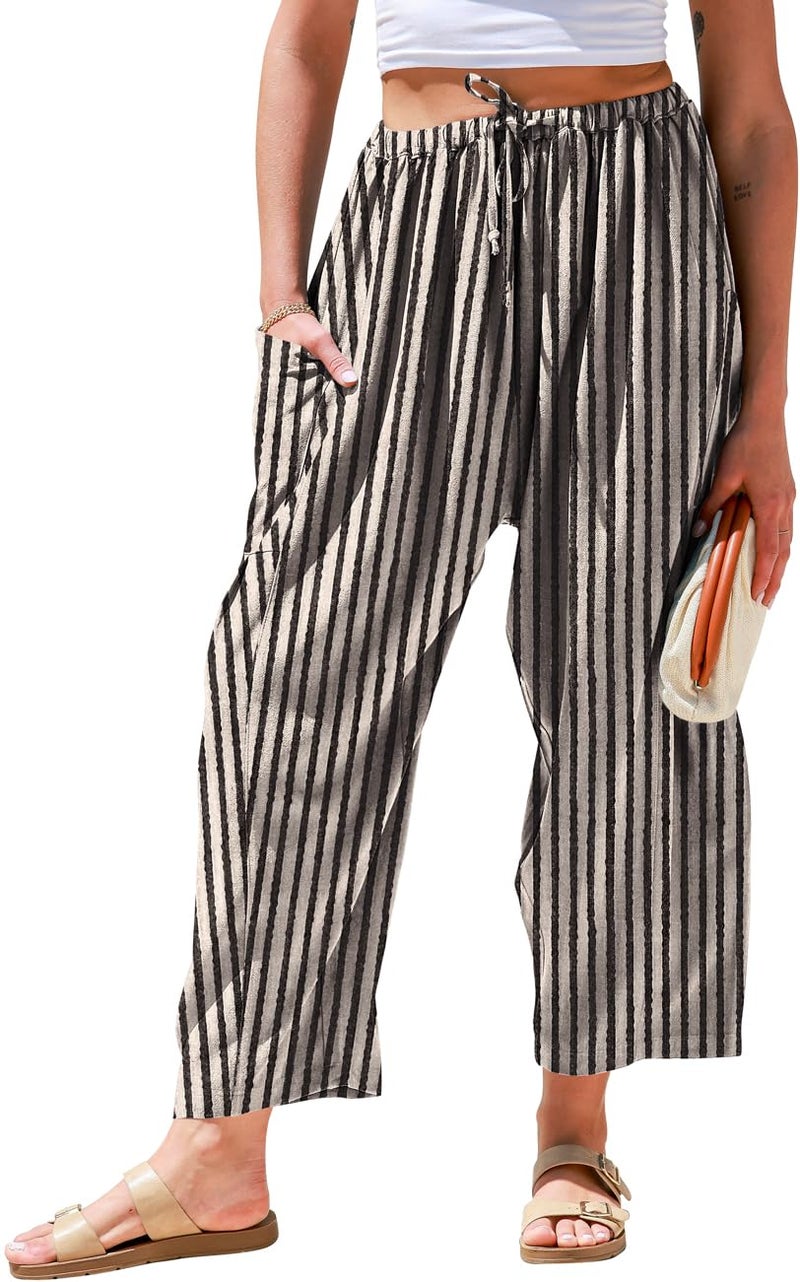 TARSE Womens Linen Wide Leg Pants Casual Loose Drawstring Low Waist Beach Palazzo Harem Pants with Pockets(Striped,M) - Image 1