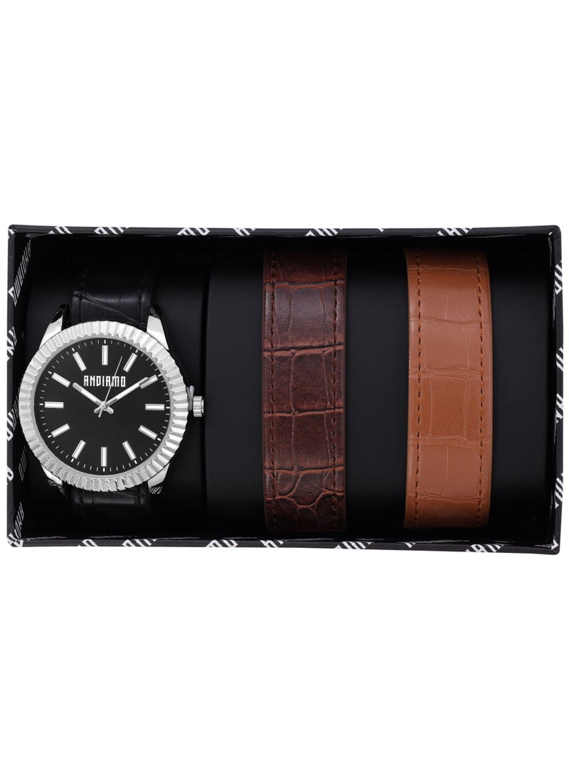 ANDIAMO Men's Analog Silver Case Multi Colour Leather Strap Set Watch 