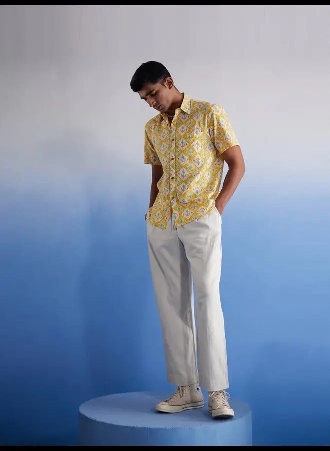PRASHA Mens Yellow Ikkat Print Cotton Shirt