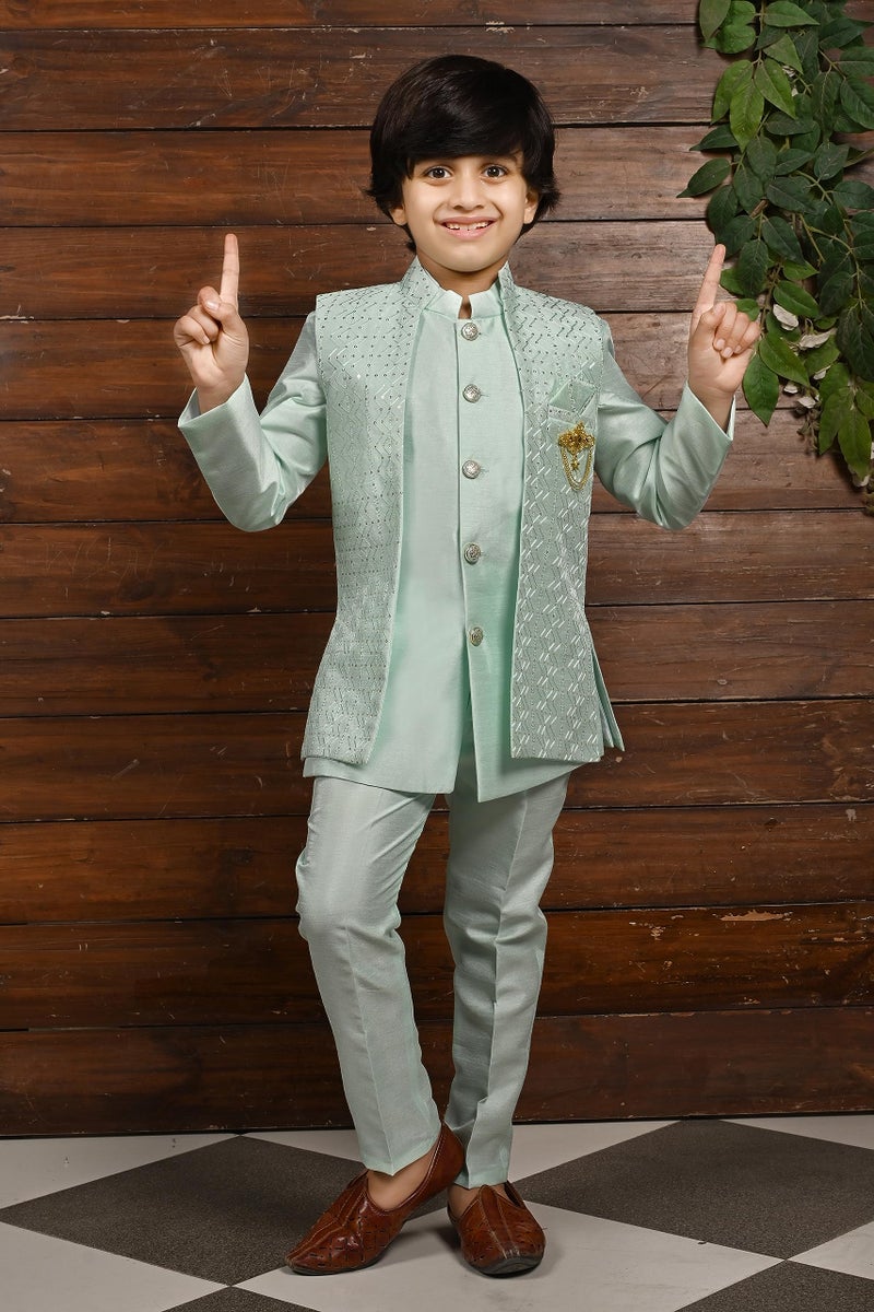 AHHAAAA Ahaaaa Kids Ethnic Silk Blend Bollywood Style Sherwani Waistcoat Kurta and Pyjama Set for Boys 526MF |Turquoise 3-4 Years, 526| - Image 3