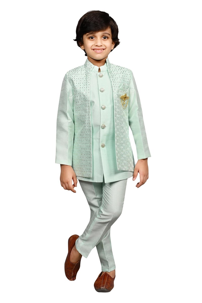 AHHAAAA Ahaaaa Kids Ethnic Silk Blend Bollywood Style Sherwani Waistcoat Kurta and Pyjama Set for Boys 526MF |Turquoise 3-4 Years, 526| - Image 1