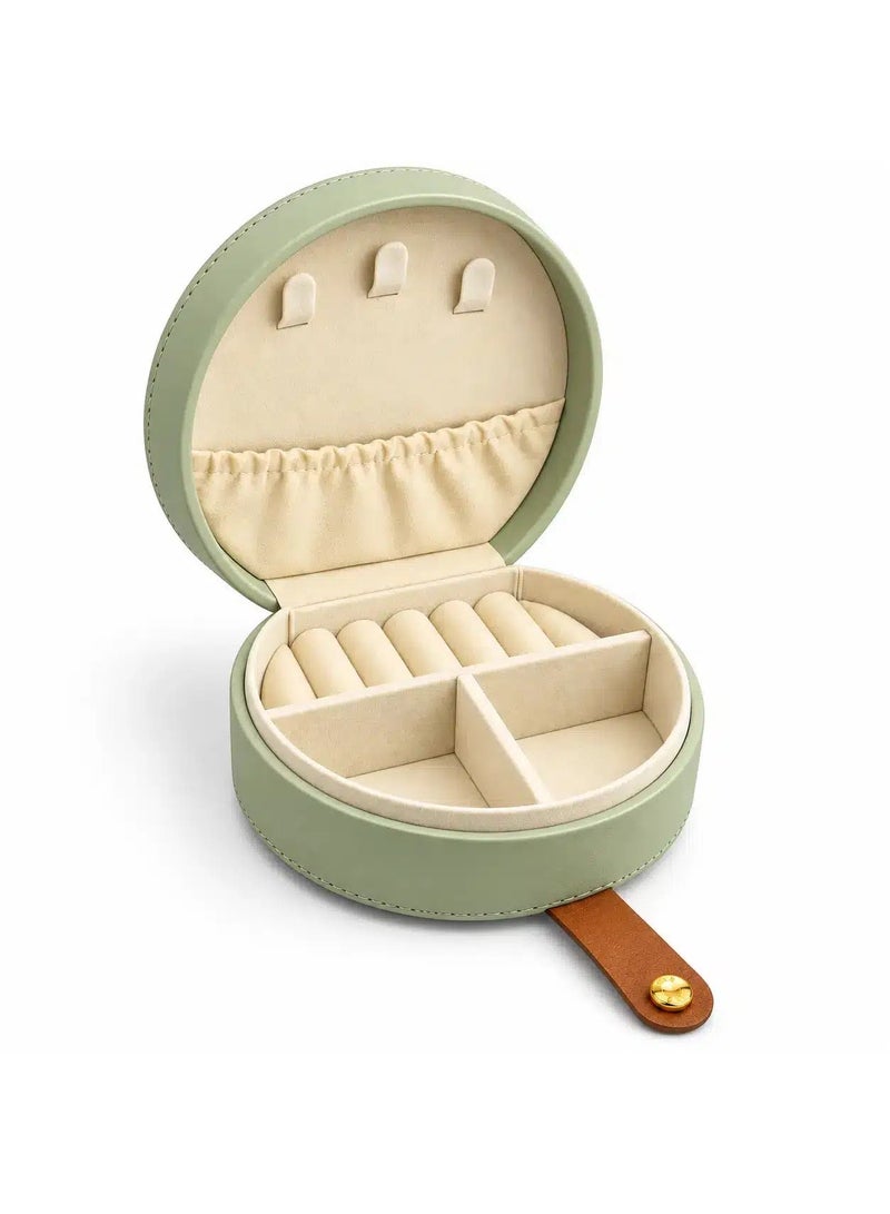 Compact Jewelry Organizer Box for Women, Round PU Leather Travel Jewelry Case with Necklace Hooks, Ring Rolls & Divided Compartments, Soft Interior, 10 × 10.5 × 4.5 cm – Sage Green - Image 1
