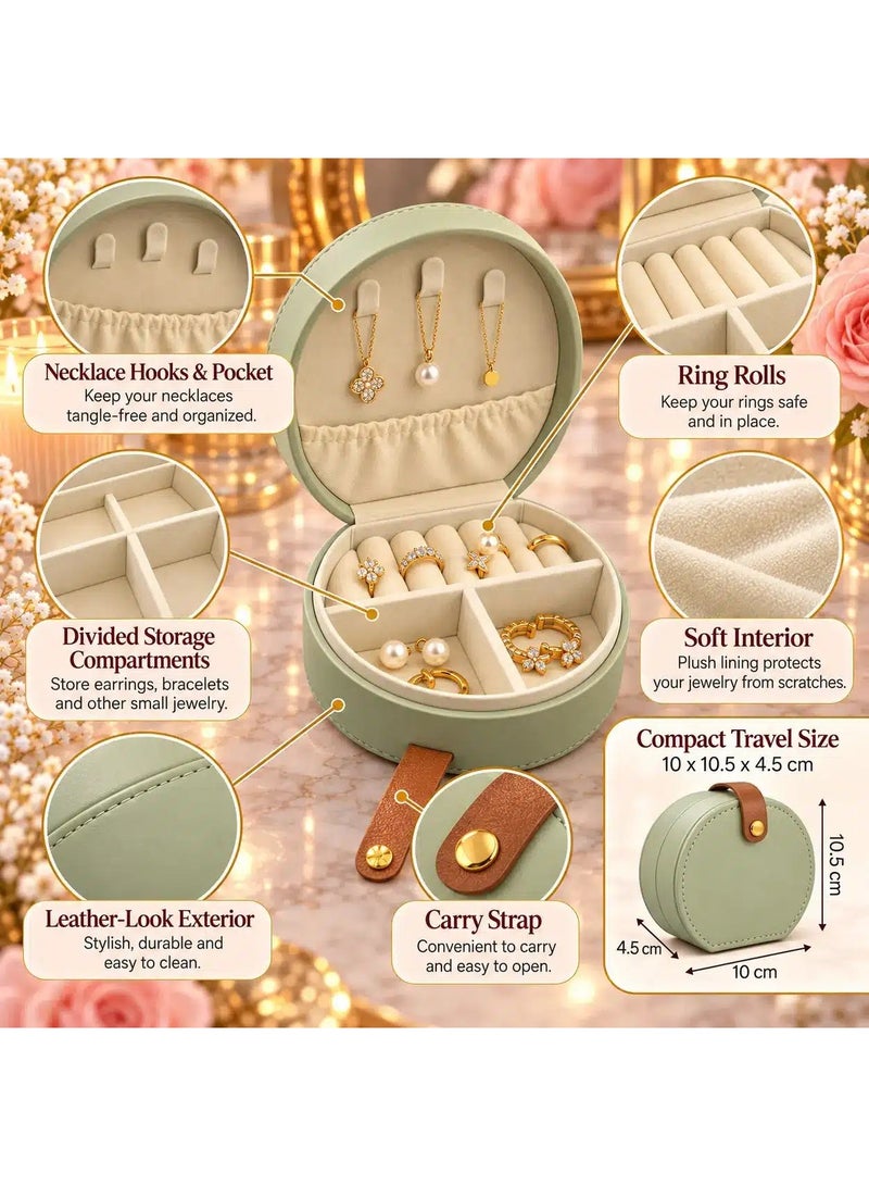 Compact Jewelry Organizer Box for Women, Round PU Leather Travel Jewelry Case with Necklace Hooks, Ring Rolls & Divided Compartments, Soft Interior, 10 × 10.5 × 4.5 cm – Sage Green - Image 3