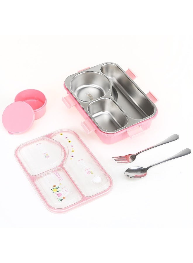 TAJ BAZAAR HOT CASE Stainless Steel Bento Lunch Box, 3-Compartment with Sauce Container, Leakproof, 22.5 x 16.5 x 7 cm  Pink Colour - Image 2
