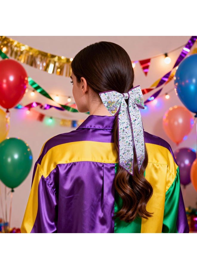 Miroksh Long Tail Mardi Gras Hair Bows for Women Girls 5" Fat Tuesday Purple Mesh Ribbon Dressy Bow Alligator Clip Circus Carnival Holiday Costume Outfit Ponytail Holder Decor Accessory Gift - Image 4