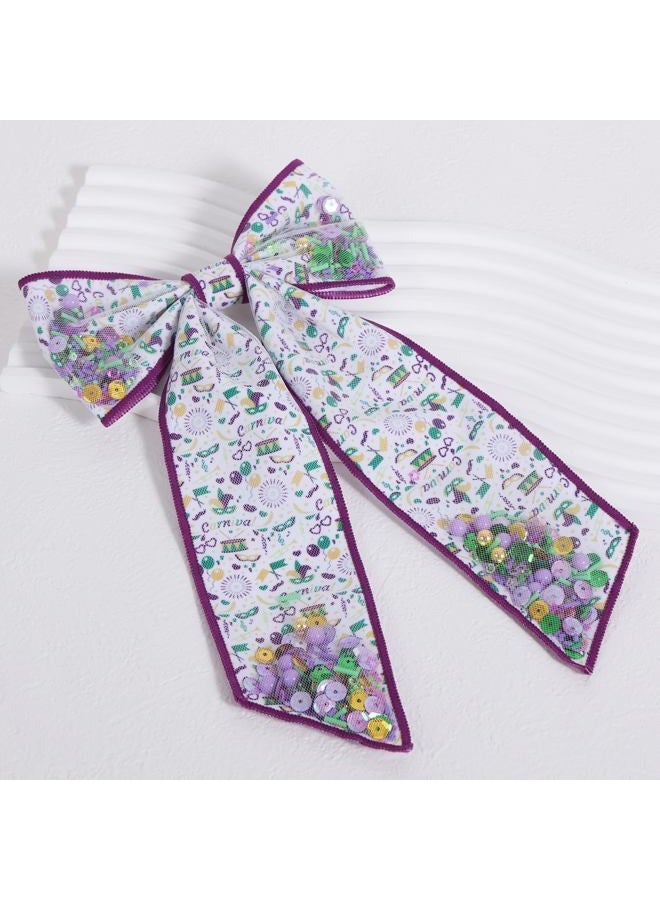 Miroksh Long Tail Mardi Gras Hair Bows for Women Girls 5" Fat Tuesday Purple Mesh Ribbon Dressy Bow Alligator Clip Circus Carnival Holiday Costume Outfit Ponytail Holder Decor Accessory Gift - Image 2