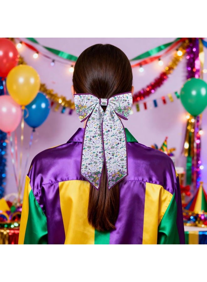 Miroksh Long Tail Mardi Gras Hair Bows for Women Girls 5" Fat Tuesday Purple Mesh Ribbon Dressy Bow Alligator Clip Circus Carnival Holiday Costume Outfit Ponytail Holder Decor Accessory Gift - Image 3