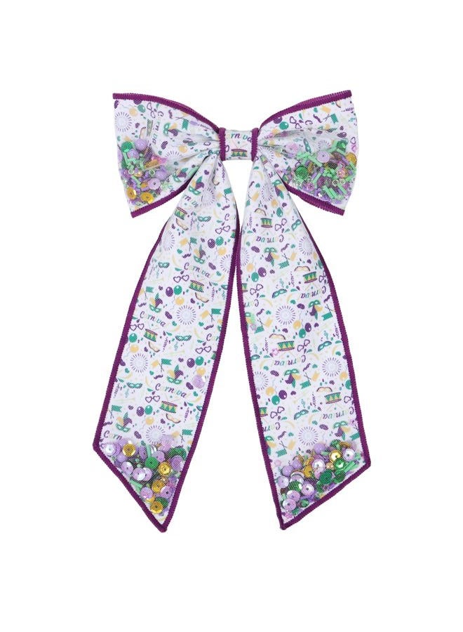 Miroksh Long Tail Mardi Gras Hair Bows for Women Girls 5" Fat Tuesday Purple Mesh Ribbon Dressy Bow Alligator Clip Circus Carnival Holiday Costume Outfit Ponytail Holder Decor Accessory Gift - Image 1
