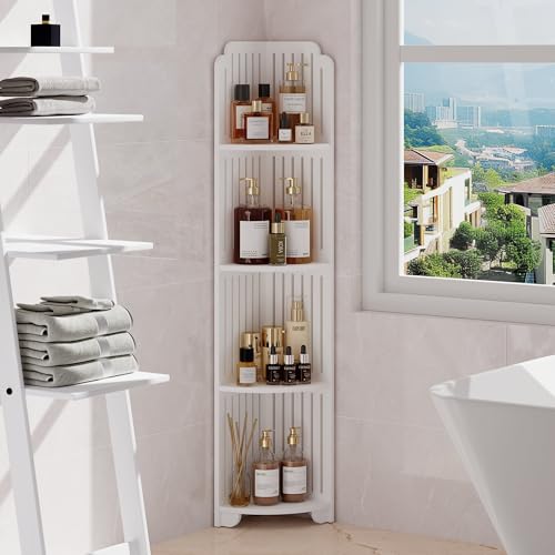 VECELO 4-Tier Bathroom Shelves for Narrow Space, Modern Corner Shelf Stand,Small Storage Organizer for Bathroom,Toilet Paper Stand,White - Image 5