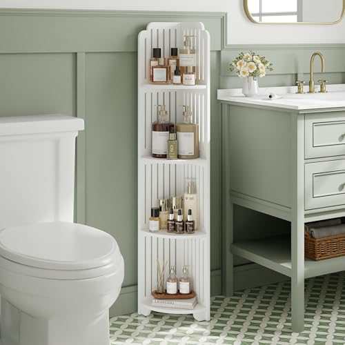 VECELO 4-Tier Bathroom Shelves for Narrow Space, Modern Corner Shelf Stand,Small Storage Organizer for Bathroom,Toilet Paper Stand,White - Image 2
