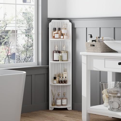 VECELO 4-Tier Bathroom Shelves for Narrow Space, Modern Corner Shelf Stand,Small Storage Organizer for Bathroom,Toilet Paper Stand,White - Image 4