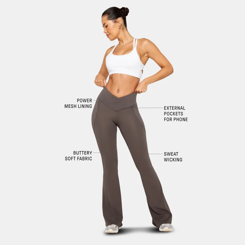 Fabletics Brown Women's Oasis PureLuxe Crossover Flared Leggings for Women | Best Price UAE