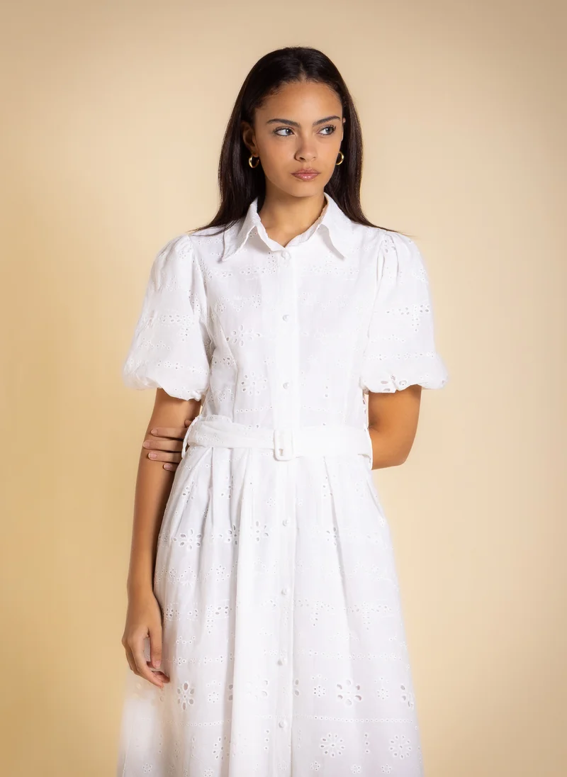 SHAPES EMBROIDERED CUTWORK MIDI DRESS