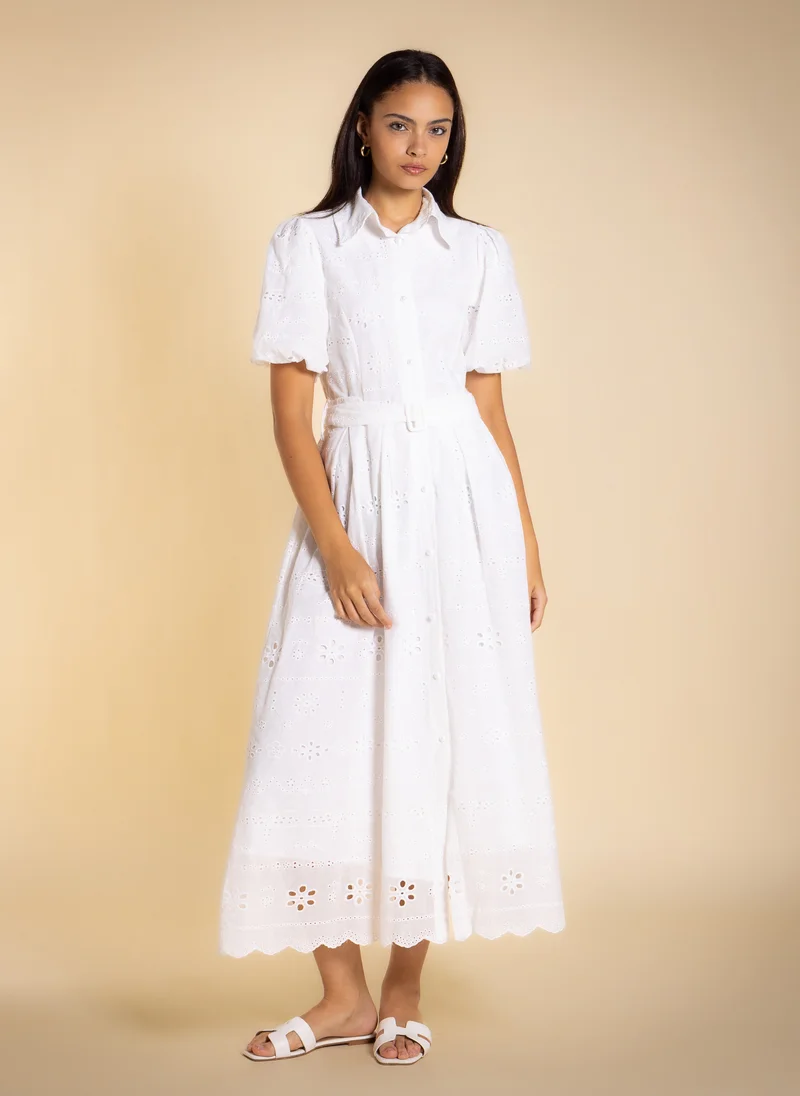 SHAPES EMBROIDERED CUTWORK MIDI DRESS