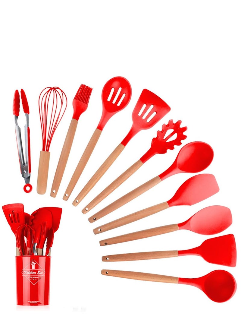 طقم أدوات طهي من السيليكون بسطح مانع للالتصاق مكون من 12 قطعة  (احمر) - Image 1