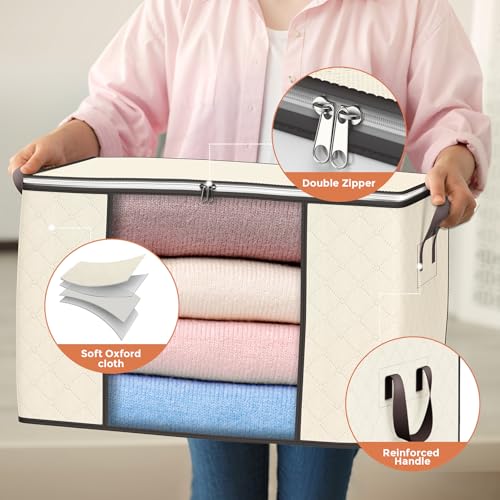 Budding Joy 90 L Large Storage Bags, 4 Pack Clothes Storage Bins Foldable Closet Organizers Storage Containers with Reinforced Handle for Clothing, Blanket, Comforters, Bed Sheets, Pillows and Toys (Beige) - Image 3