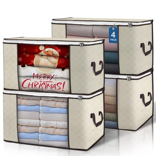 Budding Joy 90 L Large Storage Bags, 4 Pack Clothes Storage Bins Foldable Closet Organizers Storage Containers with Reinforced Handle for Clothing, Blanket, Comforters, Bed Sheets, Pillows and Toys (Beige) - Image 1