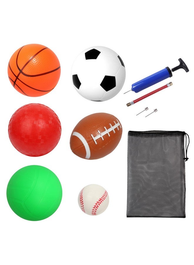 GSE Games & Sports Expert GSE Games & Sports Expert 6 Pack Sports Balls with Pump & Mesh Bag, Included 5" Basketball, 5" Volleyball, 5" Soccer Ball, 5" Playground Ball, 6.5" Football & 2.75" Baseball  - Image 1