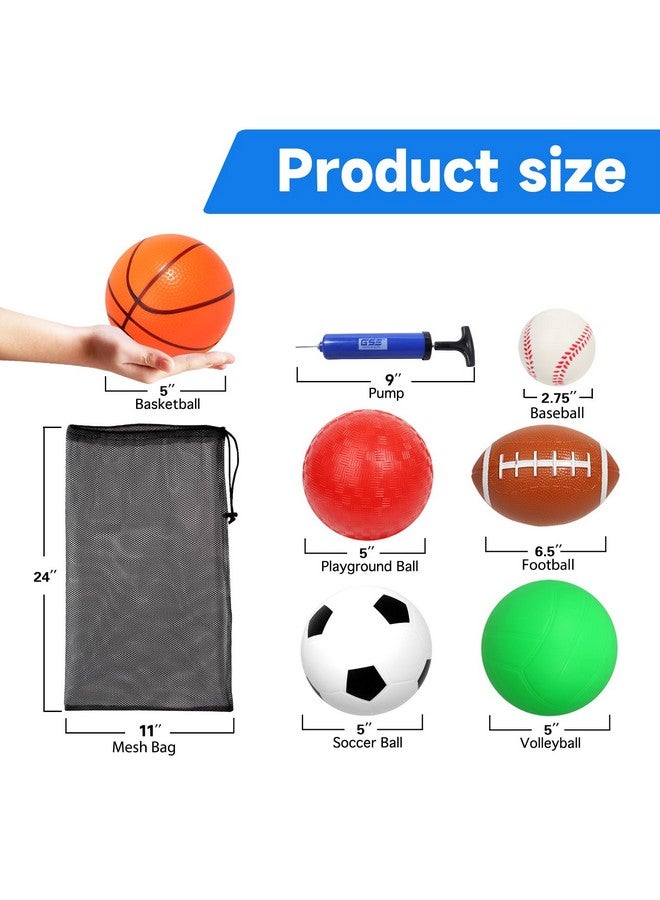 GSE Games & Sports Expert GSE Games & Sports Expert 6 Pack Sports Balls with Pump & Mesh Bag, Included 5" Basketball, 5" Volleyball, 5" Soccer Ball, 5" Playground Ball, 6.5" Football & 2.75" Baseball  - Image 2