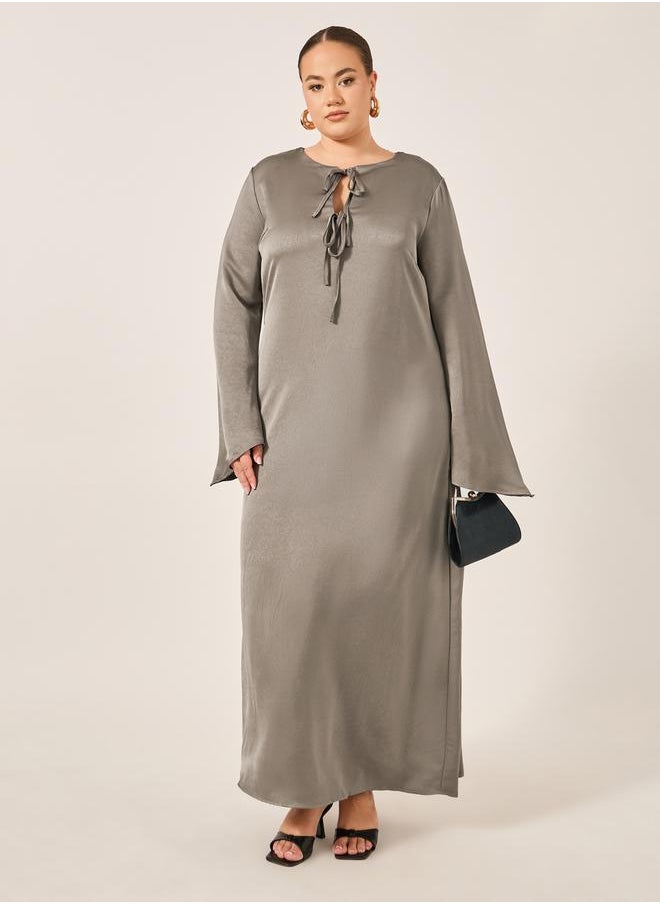 Styli Plus Size Textured Tie-Up Neck A-Line Maxi Dress  - Image 1