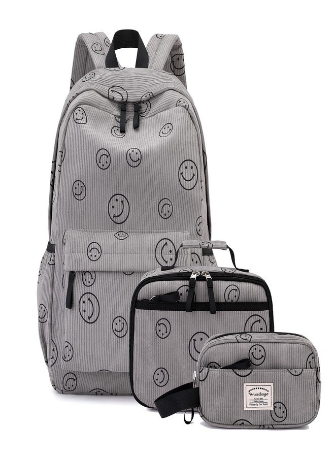 Tanweibago Backpack for Girls Boy Teen Corduroy Bookbags Elementary Middle High School with Lunch Box Pencil Bag, Smile Grey, One Size, Backpack - Image 1