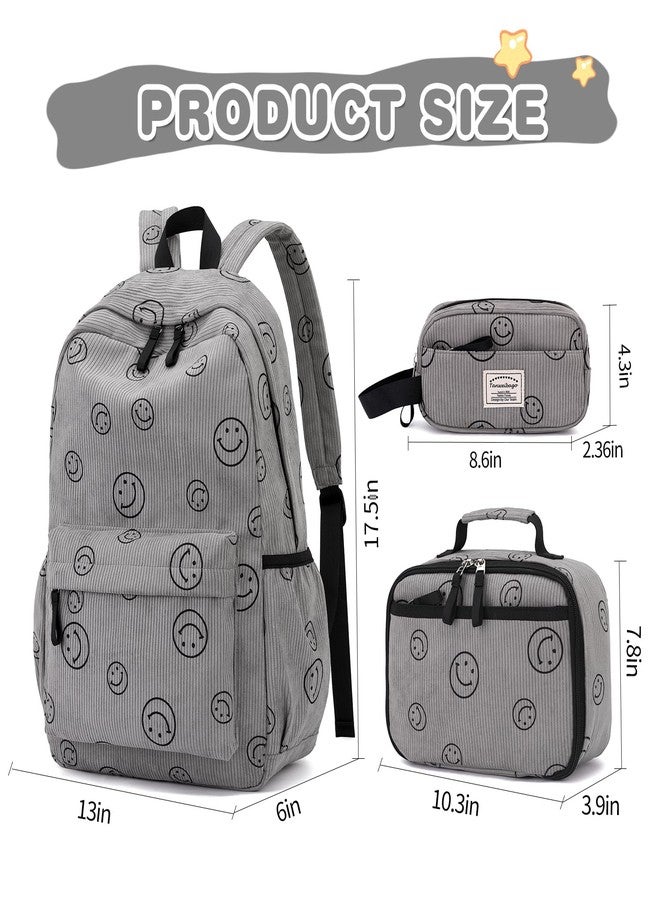 Tanweibago Backpack for Girls Boy Teen Corduroy Bookbags Elementary Middle High School with Lunch Box Pencil Bag, Smile Grey, One Size, Backpack - Image 2
