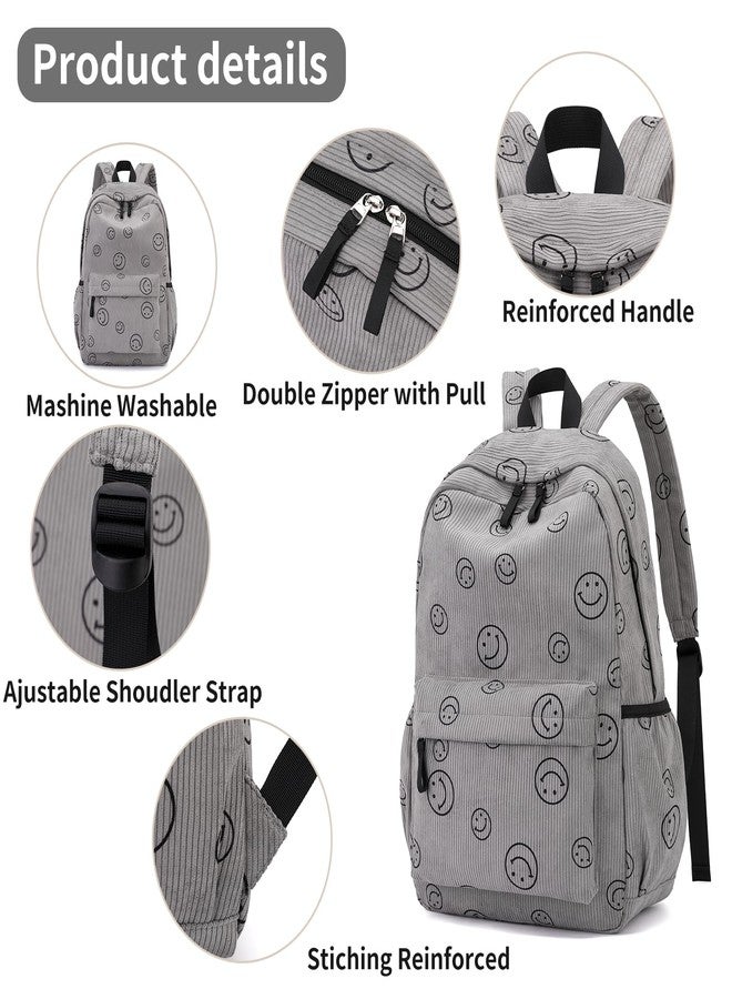 Tanweibago Backpack for Girls Boy Teen Corduroy Bookbags Elementary Middle High School with Lunch Box Pencil Bag, Smile Grey, One Size, Backpack - Image 3
