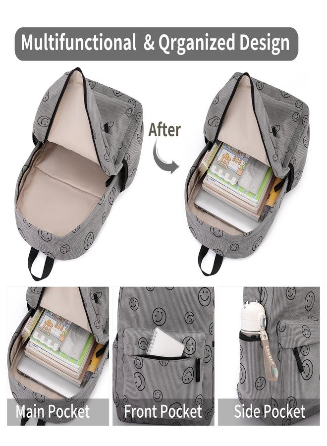Tanweibago Backpack for Girls Boy Teen Corduroy Bookbags Elementary Middle High School with Lunch Box Pencil Bag, Smile Grey, One Size, Backpack - Image 4