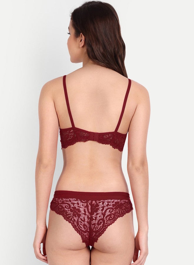 FIMS Pack Of 2 Self Design Lace Lingerie Set - Pink and Maroon - Image 3