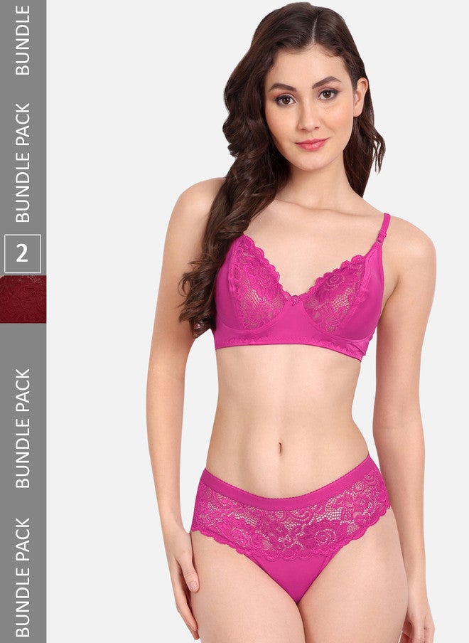 FIMS Pack Of 2 Self Design Lace Lingerie Set - Pink and Maroon - Image 1