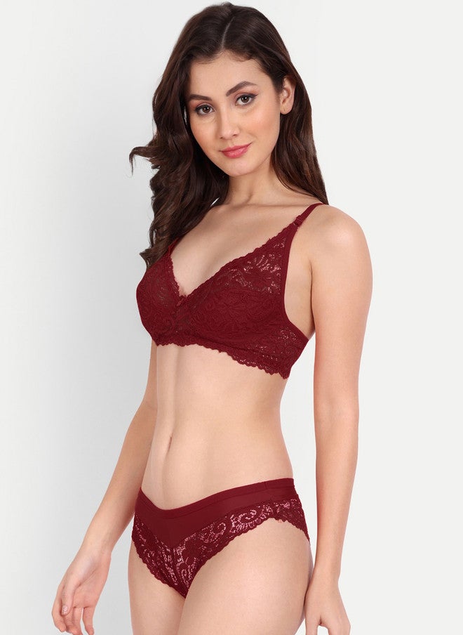 FIMS Pack Of 2 Self Design Lace Lingerie Set - Pink and Maroon - Image 2