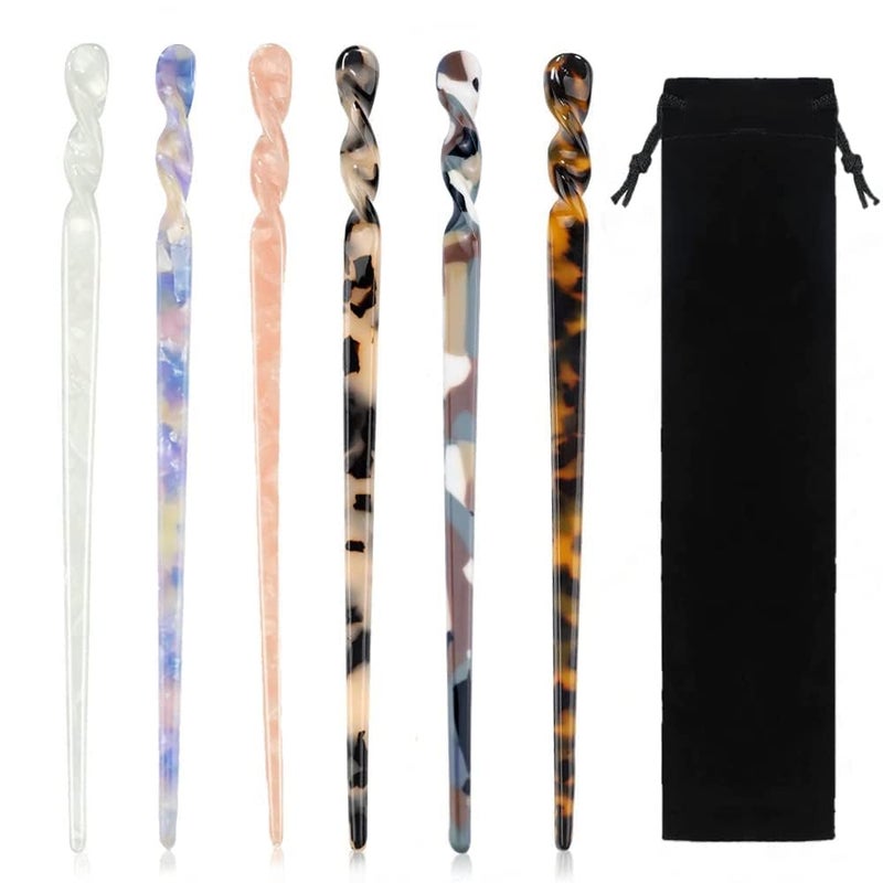 La Jolie Jasmin 6 Pieces Acetate Hair Sticks Vintage Tortoiseshell Hair Chopsticks with Leopard Print for Buns Hair Clips Hair Sticks for Long Hair Accessories Includes Flannel Bag for Women Girls 