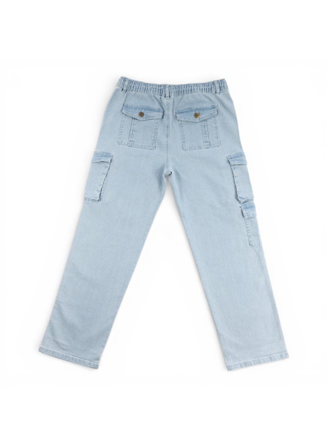 MARWAN Boys Denim Cargo Pants with Elastic Waistband & Drawstring | Indigo Denim | Multi-Pocket Casual Long Pants - Image 2