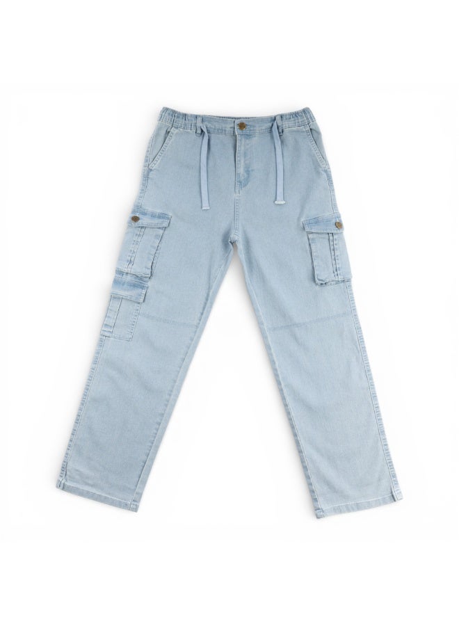 MARWAN Boys Denim Cargo Pants with Elastic Waistband & Drawstring | Indigo Denim | Multi-Pocket Casual Long Pants - Image 1